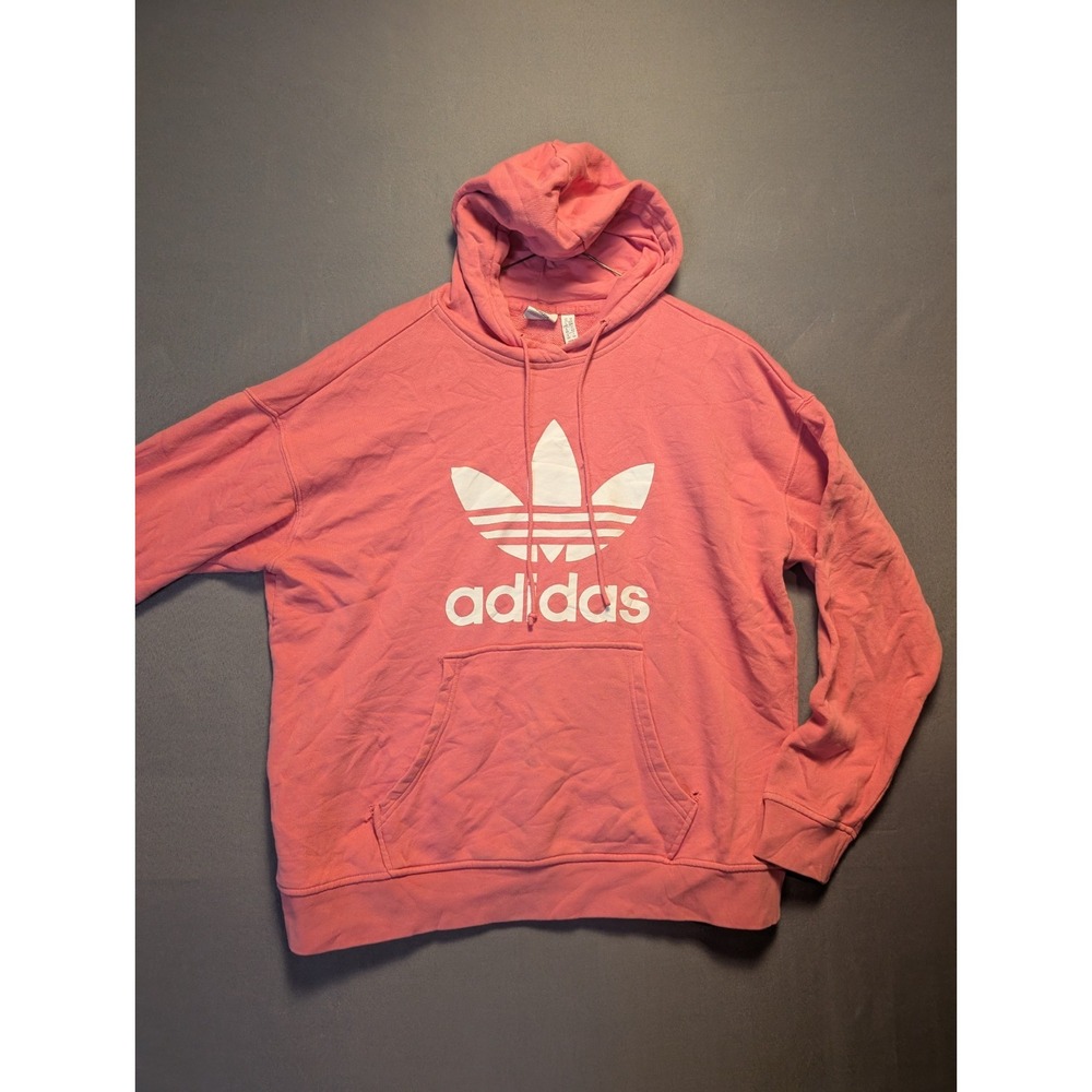 Adidas Hoodie Womens Medium Pink Spellout Trefoil Graphic Casual Kangaroo Pocket